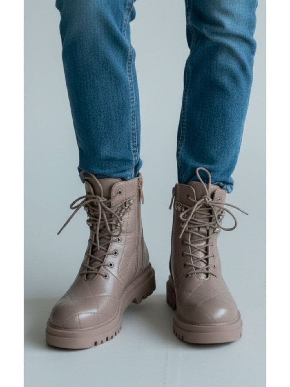 Taupe Quilted Combat Boots Lace Up Chain Detail Lug Sole Ankle Boots